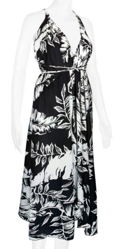 Robin Ruth® Maxi Dress: Monochrome Leaf 15 Robin Ruth® Maxi Dress: Monochrome Leaf -Fashion Clothing Store 68484 RRMaxiDress Halter MonochromeLeaf Model RightView 57093.1689793033