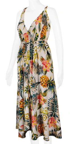 Robin Ruth® Maxi Dress: Pineapple Floral -Fashion Clothing Store 68484 RRMaxiDress Halter PineappleFloral Model LeftView 01152.1709174393