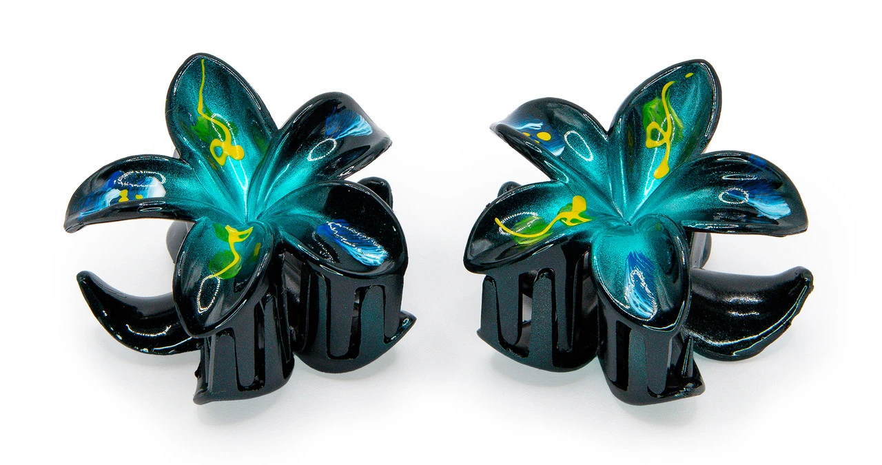 Painted Mini Plumeria Hair Clip Set: Dark Blue 1 Painted Mini Plumeria Hair Clip Set: Dark Blue