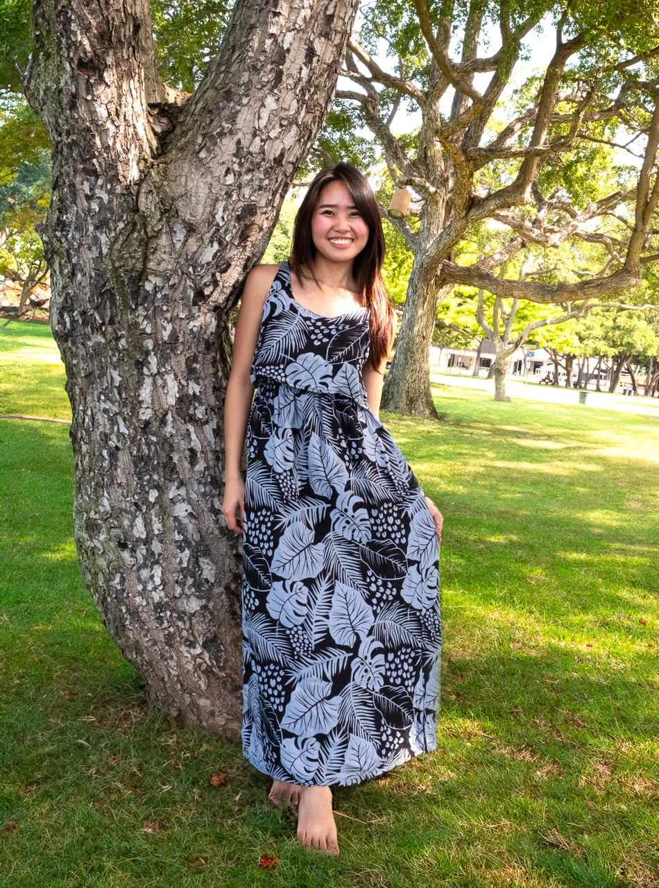 Napua Collection Ruffle Maxi Dress - Monstera Palm: Black 1 Napua Collection Ruffle Maxi Dress - Monstera Palm: Black