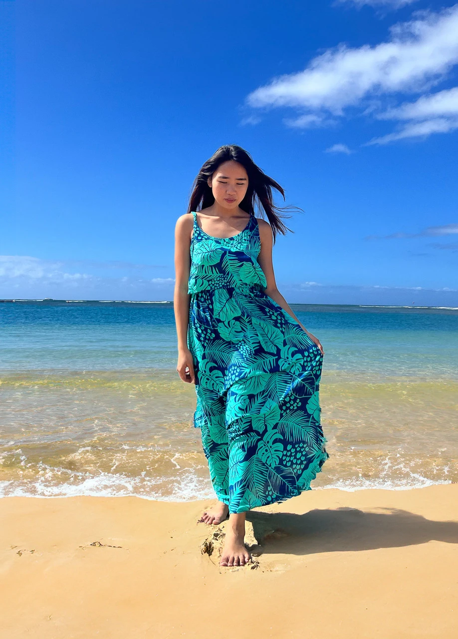 Napua Collection Ruffle Maxi Dress - Monstera Palm: Blue 5 Napua Collection Ruffle Maxi Dress - Monstera Palm: Blue - Image 5