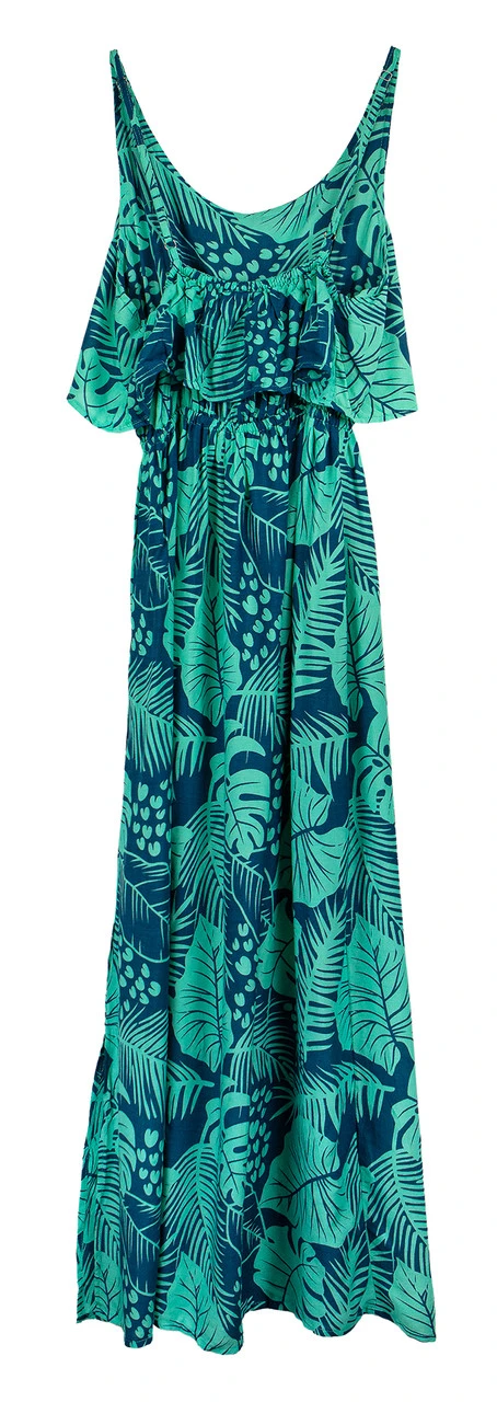 Napua Collection Ruffle Maxi Dress - Monstera Palm: Blue 2 Napua Collection Ruffle Maxi Dress - Monstera Palm: Blue - Image 2
